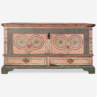 A painted and decorated poplar dower chest for Eva Beier (1767-1854) Attributed to John Bieber (1763-1825), Berks County, PA, dated, "1786"