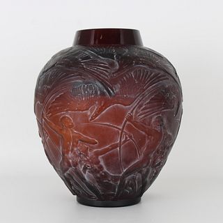 R. Lalique "Archers" Red Amber Glass Vase