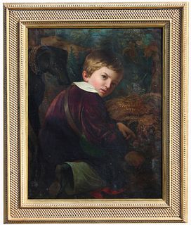 19th C. Signed Portrait of Boy w/ Hound