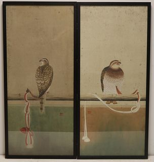 Pair of Signed Asian Paintings of Hawks.