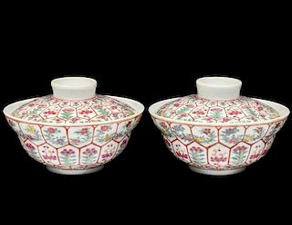 PAIR OF FAMILLE VERTE PORCELAIN BOWLS AND COVERS