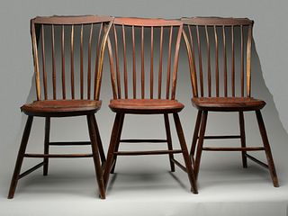 Very rare set of six step down Windsor chairs, made in Whitefield, Maine, circa 1830s.