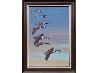 Oil on board, Canada geese in flight, Harry Antis (1942-2002).