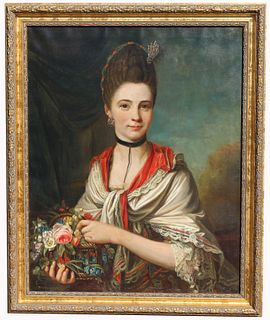 European School, Painting of Woman Holding Flowers