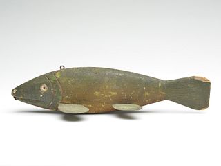 A large and impressive bass fish decoy, unknown maker, Lake St Clair, Michigan, 1st quarter 20th century.