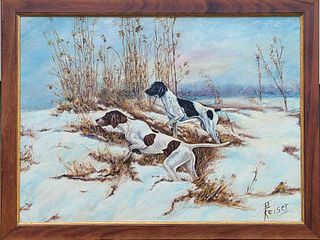 Oil on canvas board of two pointers in the snow and on alert.