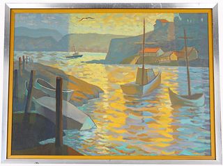 20th C Impressionist Harbor Scene Painting, Signed