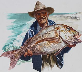 Brian Clinton (B. 1942) "Fisherman Holding Fish"