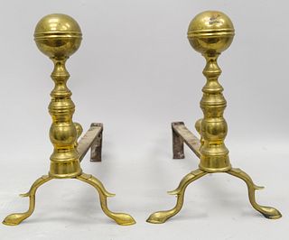 18th Century Brass Ball-top Chippendale Andirons