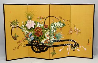 Vintage Japanese 4 Panel Folding Screen