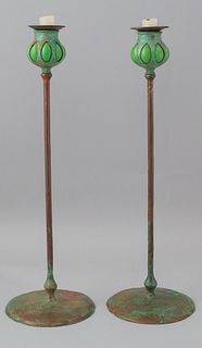 Pair Arts & Crafts Bronze and Glass Candle Sticks