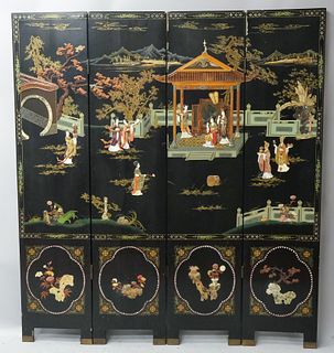 Antique Chinese Lacquer & Stone 4 Panel Screen