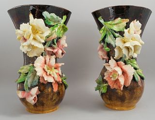 Pair of Antique Ceramic Studio Art Flower Vases