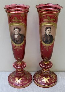 Pair of Bohemian Ruby and Gilt Vases with Male and