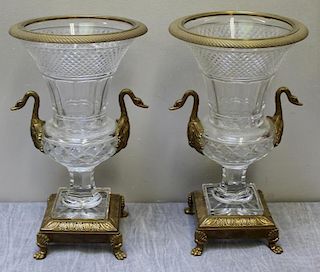 A Pair of French Style Crystal & Gilt Bronze Urns.