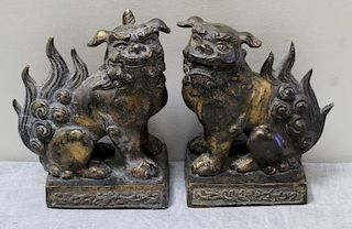 Pair Of Chinese Bronze Foo Dogs.