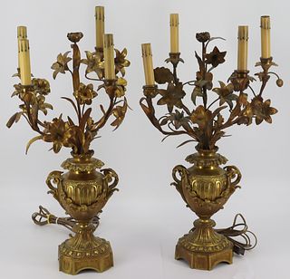 Pair Of Antique Gilt Bronze Urn Form Lamps.