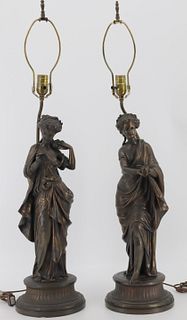 A Pair Of Antique Gilt Metal Figural Lamps.