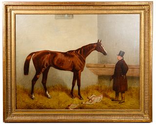 (Attributed to) Harry Hall (c.1814-1882) 'Racehorse and Trainer' Oil on Canvas