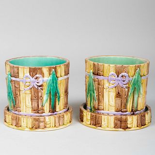 Pair of Majolica Faux Bamboo Cache Pot 
