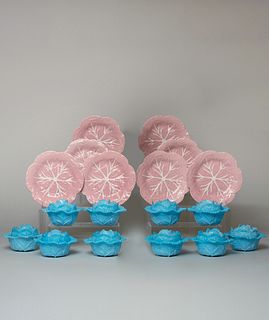 Set of Twenty-Seven Portugese Pink Majolica Cabbage Plates and a Set of Fifteen Blue Molded Glass Cabbage Tureens