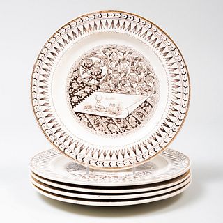 Set of Five English Transfer Printed Plates in the 'Canterbury' Pattern