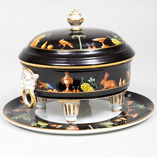 Le Tallec Paris Black Ground Porcelain Tureen, Cover and Underplate