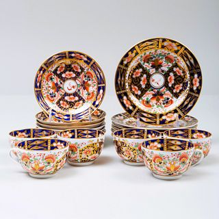 Set of Six Derby Porcelain Cups and Saucers and Six Side Plates in the 'Old Imari' Pattern