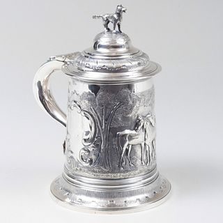 William IV Silver Tankard Repousse with Horses and Hound Finial