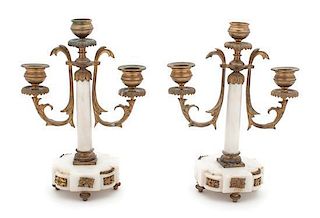 * A Pair of French Empire Style Alabaster and Gilt Bronze Three-Light Candelabra Height 9 1/2 inches.