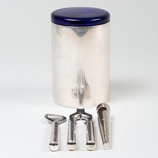 Two Gucci Silver Bar Utensils and a Silvered Metal and Glass Canister