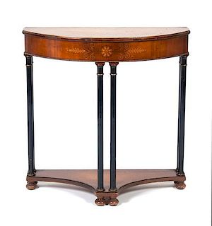 A Demilune Console Table Height 32 1/4 x width 32 x depth 13 inches.