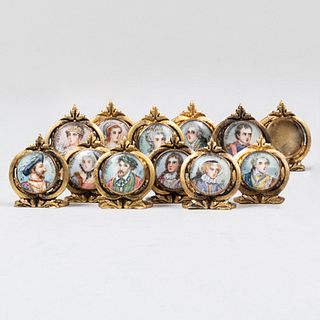 Set of Twelve Gilt-Metal Place Card Holders Decorated with Royal Portraits
