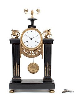 A Gilt Metal Mounted Ebonized Mantle Clock Height 16 3/4 inches.