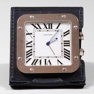 Cartier Steel and Leather 'Santos De Cartier' Traveling Clock