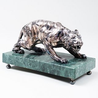 Continental Silver Metal Figure of a Tiger on Marble Base