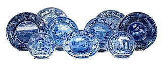 A Collection of Historical Blue Staffordshire Plates Diameter of largest 10 1/4 inches.