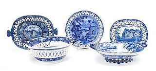 A Collection of Historical Blue Staffordshire Serving Articles Diameter of largest 12 1/4 inches.