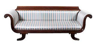 A Duncan Phyfe Style Sofa Height 36 x width 99 x depth 26 inches.