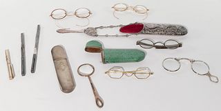 Gold and Sterling Silver Eyeglasses, Case and Pen Assortment