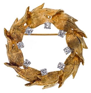 18k Yellow Gold and Diamond Leaf Brooch / Pendant