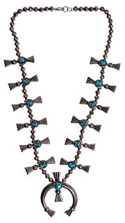 Mixed Silver and Turquoise Squash Blossom Necklace