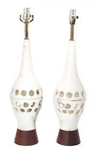 A Pair of Pierced Marble Lamps Height of each 25 1/4 inches.