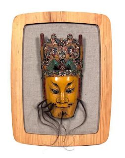 A Chinese Carved Wood and Polychrome Mask Height 12 1/2 inches.