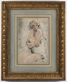 Abel Bertram "Portrait of Woman" Watercolor & Ink