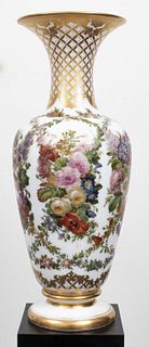 Monumental Sevres Style Painted White Glass Vase