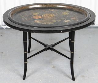 Victorian Floral Toleware Tray On Stand