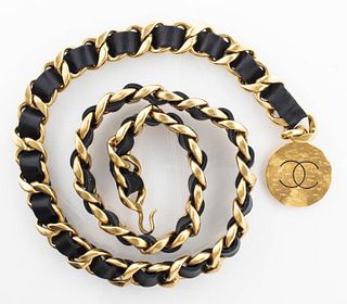 Chanel Gold-Tone Link and Black Leather Belt