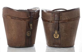 English Leather Bound Hat Boxes with Top Hat, 2