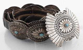 Navajo Silver Turquoise Concho Leather Belt